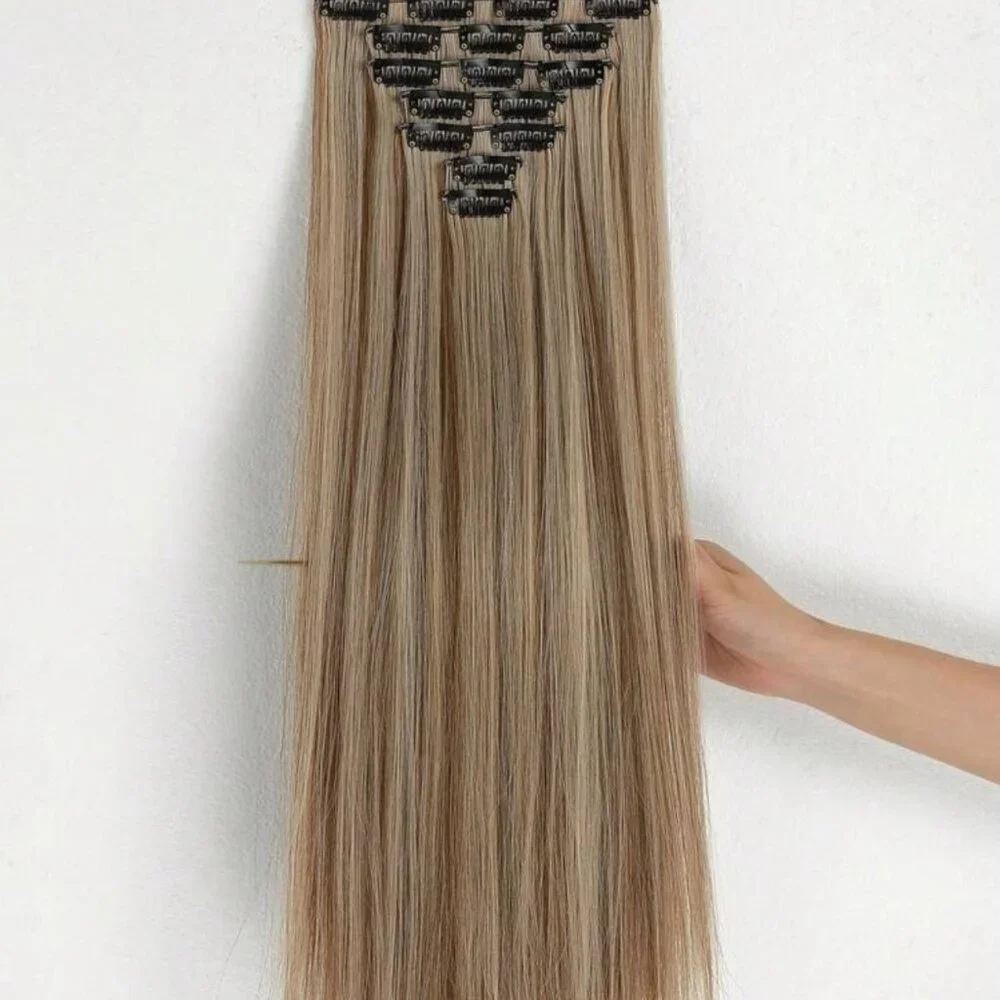 Human hair blend Light Brown With Light Blonde highlights Hair Extensions 24 in
